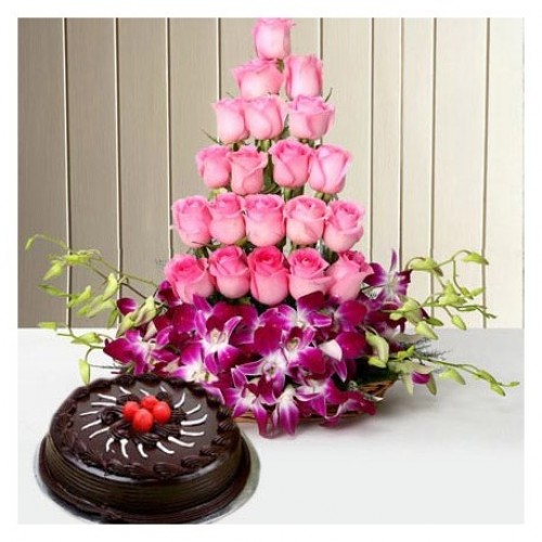 send half kg truffle cake n Roses orchid flower Bouquet  delivery